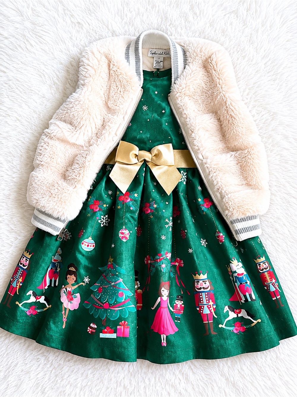 Splendid Green Holiday Nutcracker Print Dress with Gold Bow Faux Fur Vest